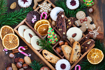 Sweet Christmas cookies in wooden box on rustic table