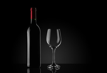wine bottle with a goblet on a black background