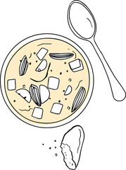 Soup with beef and vegetables in a plate. Traditional meat shurpa soup with vegetables and herbs. Vector illustration