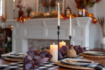 Table decorated for Thanksgiving dinner at home