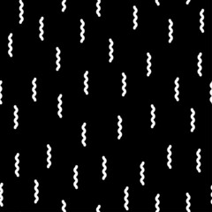 Geometric confetti. Vector seamless pattern in thin line style. Monochrome texture. White zig zags on black backdrop