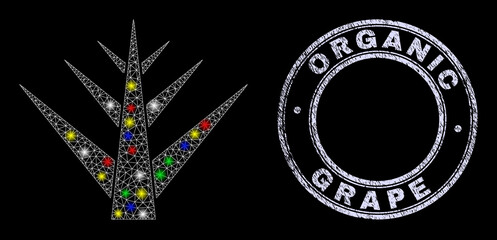 Glossy polygonal mesh net floral plant icon with glare effect on a black background, and Organic Grape corroded stamp seal. Illuminated vector model created from floral plant pictogram,
