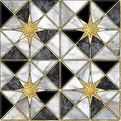 abstract geometric background with modern marble mosaic inlay, art deco pattern with black white triangles and golden stars, artistic artificial stone, marbled tile surface, marbling illustration