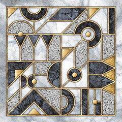 abstract geometric background. Art deco pattern with mosaic inlay grid. Mixed tiles with artificial marble stone textures and shiny golden metallic foil. Black white gold decorative wallpaper