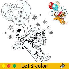 Coloring cute Christmas tiger with balloons vector