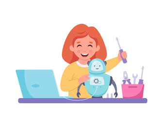 Little girl building a robot. Robotics, programming and engineering for kids. Vector illustration