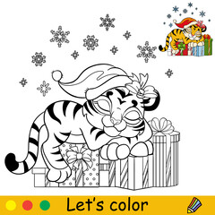Coloring christmas tiger sleeping on the presents vector