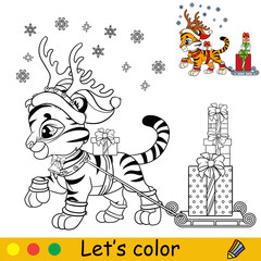 Coloring christmas tiger carries gifts on a sleigh