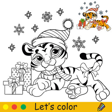 Coloring christmas tiger lying with presents vector