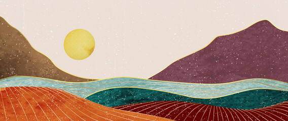 Art background with mountains, hills and lake in mid century style. Abstract landscape drawing for design decoration, print, banner