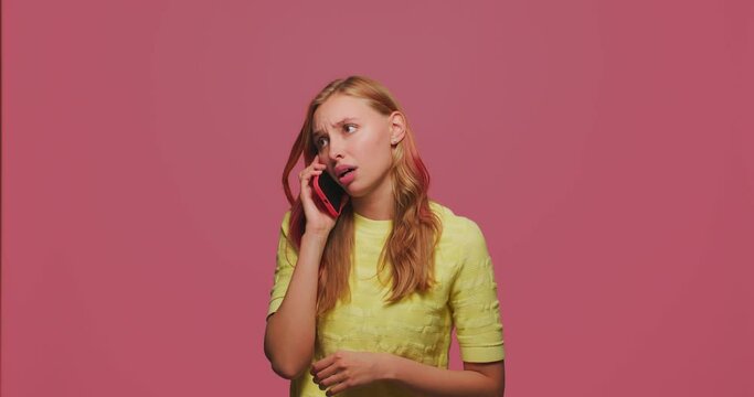 Sad young girl have call conversation, chatting on phone, telling about troubles, discussing bad news, complaining