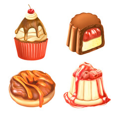Delicious desserts vector set. Chocolate donut with glaze, vanilla cupcake, cake with berries and candy with jam. Vector illustration eps10