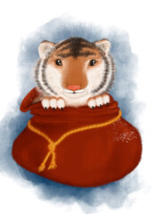 The symbol of the New Year is the tiger. Christmas card tiger cub in Santa bag. Stock illustration.