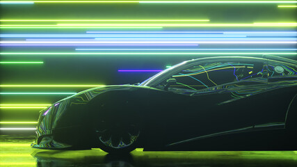 Futuristic concept. The sports car is moving against the backdrop of glowing neon lines. Blue green color. 3d Illustration
