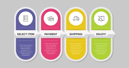 Concept of shopping process with 4 successive steps. Four colorful graphic elements. Timeline design for brochure, presentation, web site. Infographic design layout.