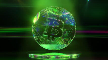 Diamond bitcoin on a dark background with neon lighting. Cryptocurrency. Lowpoly. 3d Illustration