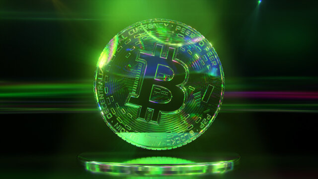 Diamond bitcoin on a dark background with neon lighting. Cryptocurrency. Lowpoly. 3d Illustration
