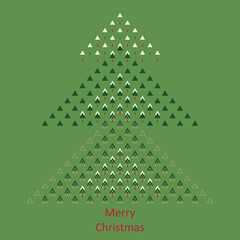 Geometric Merry Christmas greeting card with Christmas tree on green background. Seasonal vector illustration with little geometric triangular trees with snow for cards and posters.
