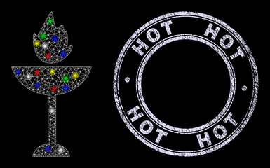 Glossy polygonal mesh net fire bowl icon with glare effect on a black background, and Hot unclean seal. Illuminated vector mesh created from fire bowl icon, with white mesh and vibrant light spots.
