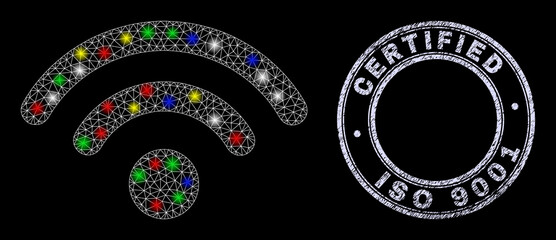 Glossy polygonal mesh web wifi network icon with glare effect on a black background, and Certified Iso 9001 dirty seal. Illuminated vector mesh created from wifi network icon,