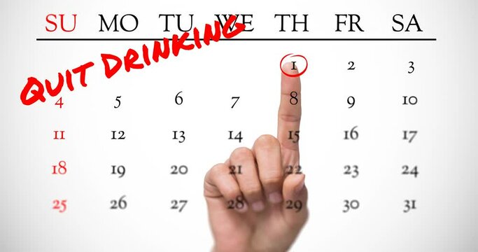 Animation of quit drinking in red text and finger pointing to january 1st on calendar