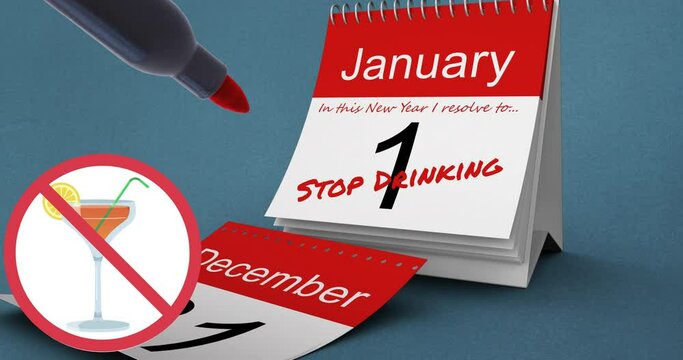 Animation of stop sign and drink, with pen and quit drinking text in red on january 1 of calendar