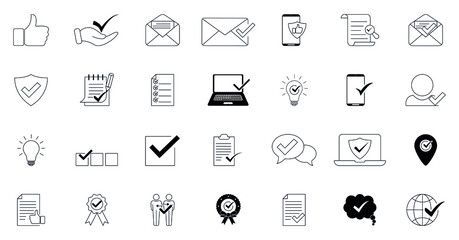 Approve icon set. Contains such icons as Protection Guarantee, Document Accepted, Quality Check, Approved, and more. Vector illustration. Editable Stroke