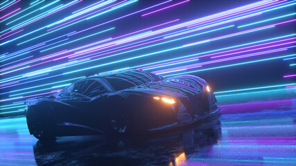 Futuristic concept. The sports car is moving against the backdrop of glowing neon lines. Blue purple color. 3d Illustration