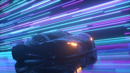 Obraz premium Futuristic concept. The sports car is moving against the backdrop of glowing neon lines. Blue purple color. 3d Illustration