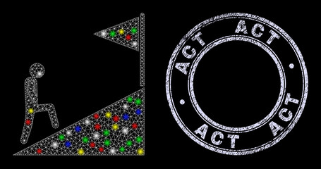 Glossy polygonal mesh net goal climbing icon with glitter effect on a black background with Act rubber seal. Illuminated vector mesh created from goal climbing pictogram,