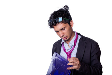 worried businessman trying to open a folder. Young adult with stressed and tired expression, isolated on all-white background.