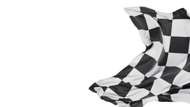Realistic 60 fps 3D animation of the textured checkered black and white race flag as fly away opener rendered in UHD with alpha matte