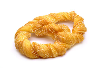 Cretzel isolated on white background. Cretzel is a  pretzel-croissant hybrid that combining the perfect chewy bite of a pretzel with the luxurious buttery, flaky pastry of a croissant
