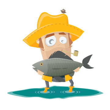 funny cartoon illustration of a fisherman holding a big fish