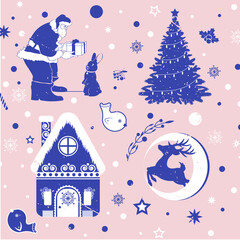 Retro pattern Christmas tree and Santa Claus