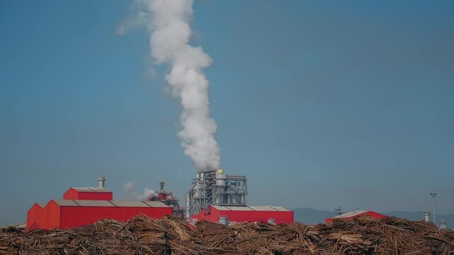 Air pollution of Furniture Factory. Smoke coming from the pipe. Wood raw material around factory. Industrial pollution.