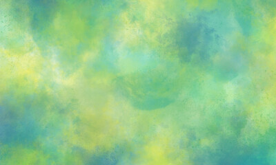 Abstract summer translucent watercolor background in green, blue and yellow tones. Copy space, horizontal banner.