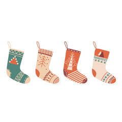 Various Christmas socks or stockings with different patterns. Traditional decorative element. Ornate holiday stockings and socks