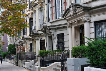 Manhattan residential street with old townhouses with baroque style architecture
