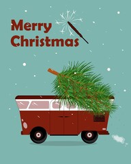 Vector christmas image. Christmas tree in the car. Merry Christmas. A red car carries a Christmas tree in the snow.