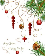 Vector image with Christmas decorations. Postcard with New Year's motives. Christmas invitation. Winter holiday illustration. 3d Christmas image.