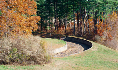 Dry spillway of reservoir in Hopkinton State Park MA USA