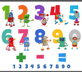 educational numbers set with fantasy robots characters