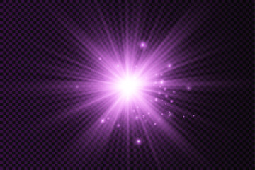 Purple glowing light star, violet burst sun rays.