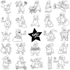 Fototapeta premium black and white cartoon Santa Claus Christmas characters set