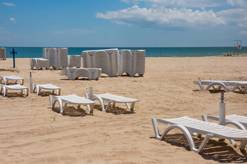   Chairs stacked  on the beach in Bulgaria