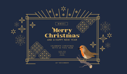 Festive Christmas Frame layout design with gold details. Winter invitation vector illustration.