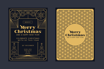 Christmas grettings design background with 1920's and 1930's art deco style gold detailing. Festive frame vector illustration.