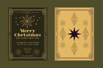 Christmas greetings invite design background with 1920's and 1930's art deco style gold detailing. Festive frame vector illustration.
