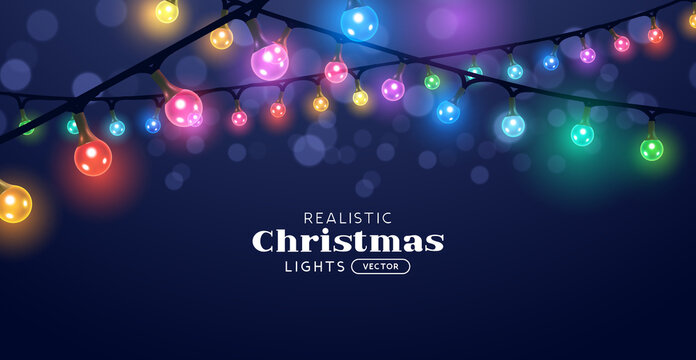 Glowing colorful christmas fairy light chains. Festive holiday background vector illustration.
